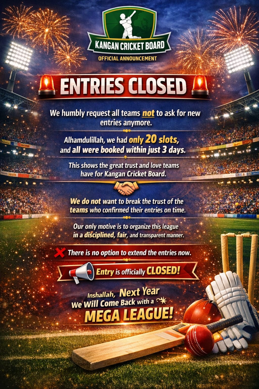 Kangan Cricket Board Announces Closure of Team Entries for Upcoming League